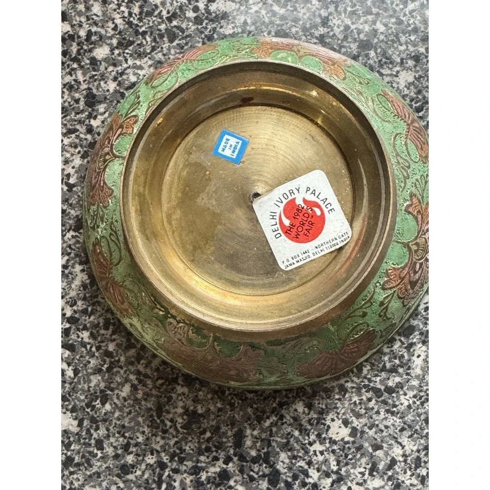 Vintage Solid Brass Enameled Bowl Colorful Peacock Design Made In India‎